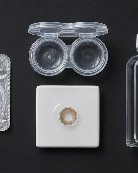 A sealed lens blister, case and solution bottle laid out for inspection