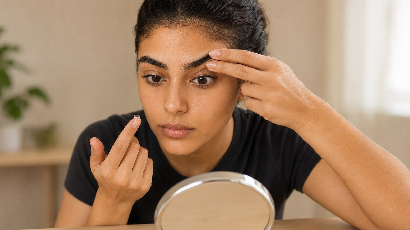 Putting in a coloured contact lens at a table with a mirror
