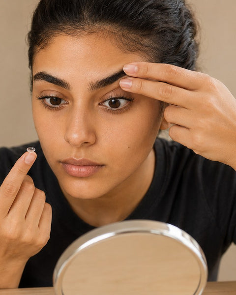 Putting in a coloured contact lens at a table with a mirror