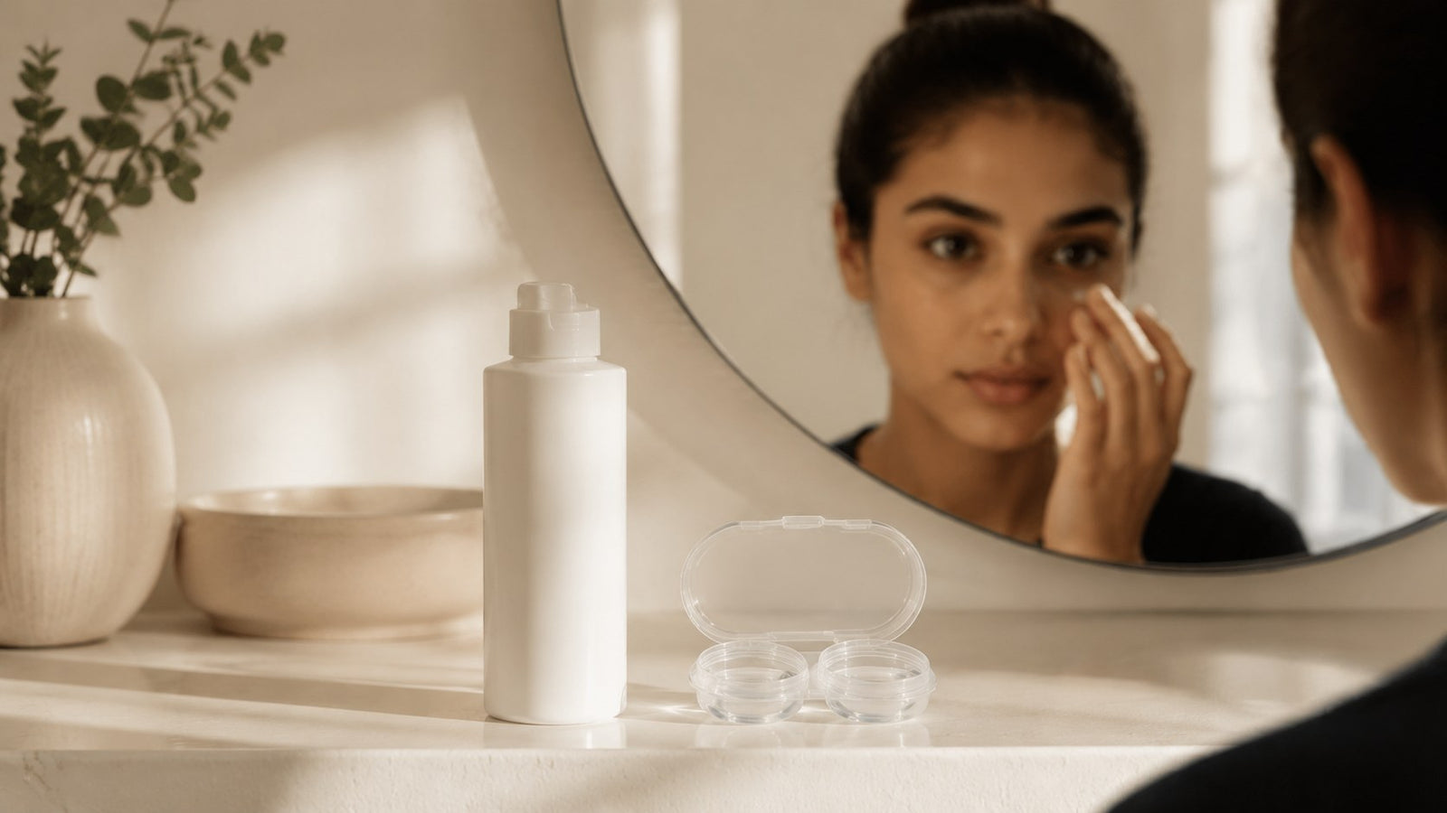 A contact lens case and solution bottle on a bathroom shelf