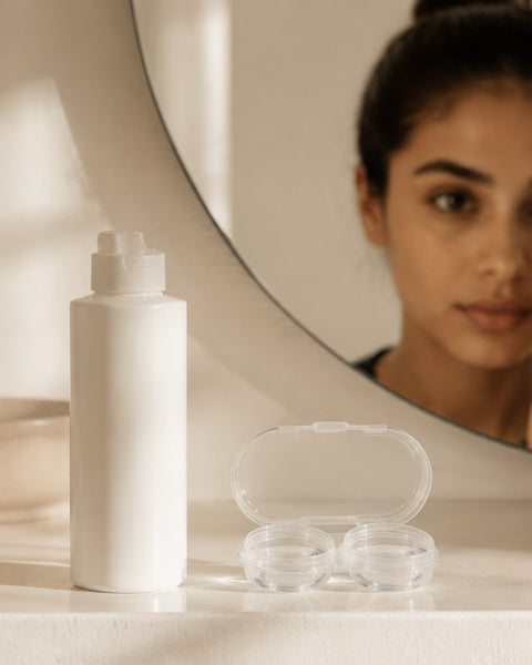 A contact lens case and solution bottle on a bathroom shelf
