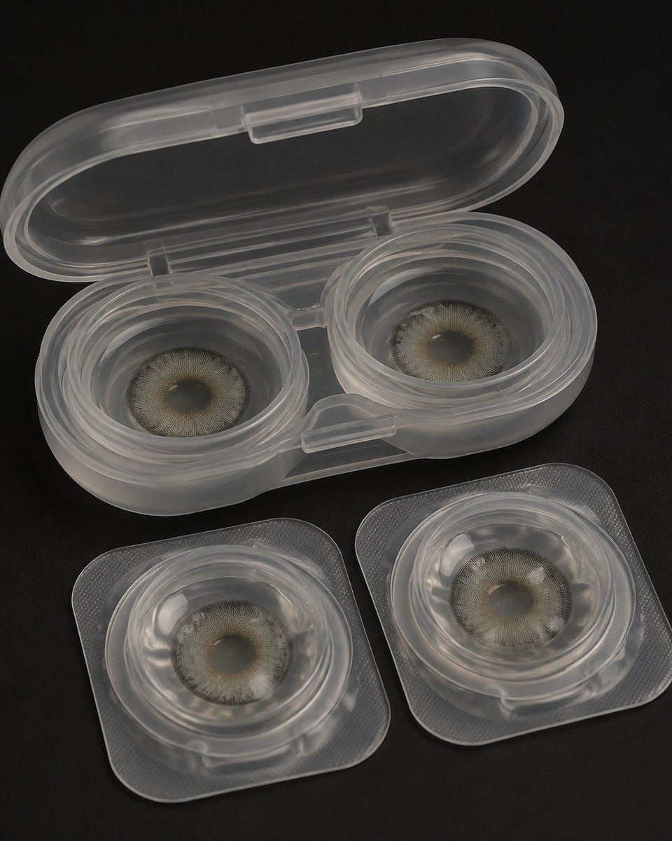 Bella Gray Olive coloured contact lens and packaging