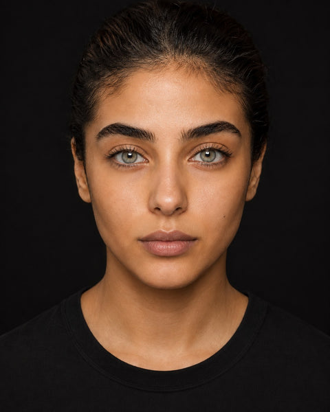 Bella Gray Olive coloured contact lens worn by a model