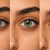 Russian Gray, Breeze Green and Sky Blue side by side on the same dark brown Egyptian eye, all three clearly reading as lenses