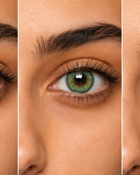 Russian Gray, Breeze Green and Sky Blue side by side on the same dark brown Egyptian eye, all three clearly reading as lenses