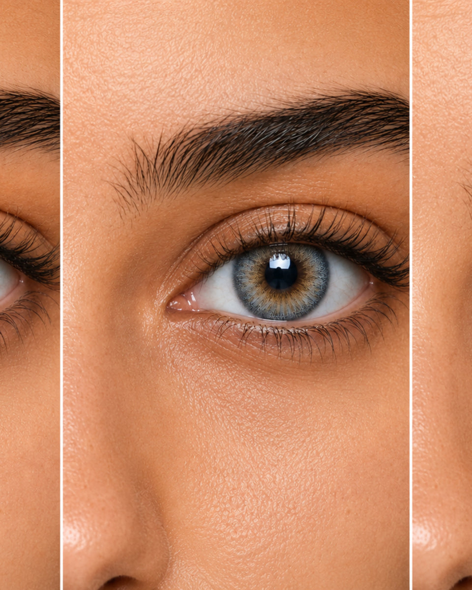 Sepia, Lolite and Russian Gray side by side on the same dark brown Egyptian eye