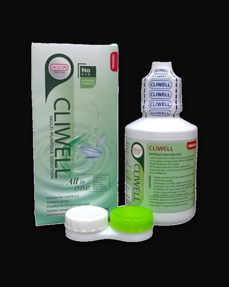 CLIWELL All-in-One contact lens solution 100 ml carton, bottle and lens case