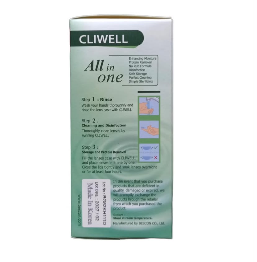 CLIWELL side panel: rinse, clean and disinfect, storage steps. Made in Korea