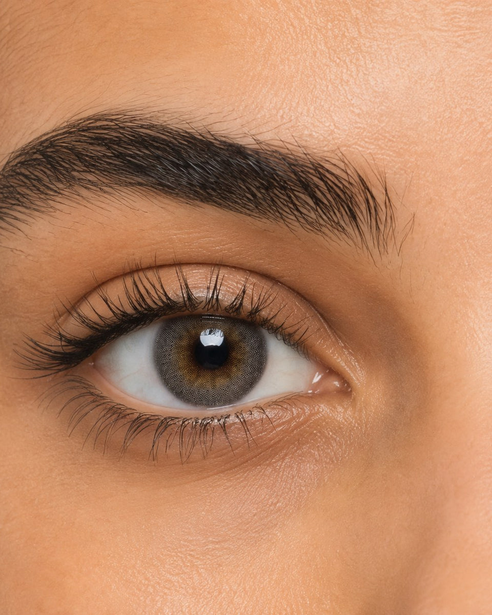 Desio Precious Grey coloured contact lens shown on a dark brown eye