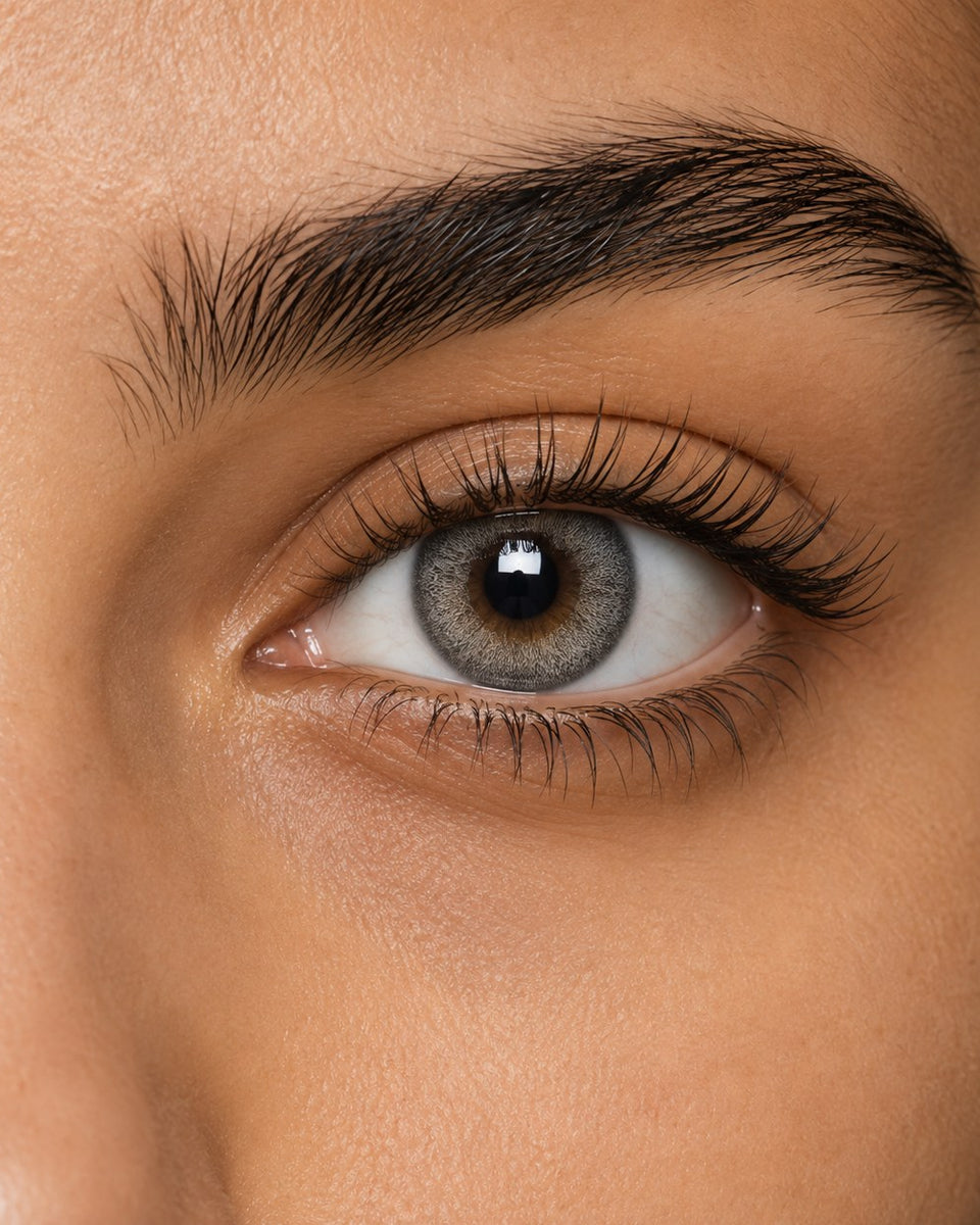 Fresh Lady Russian Gray coloured contact lens shown on a dark brown eye