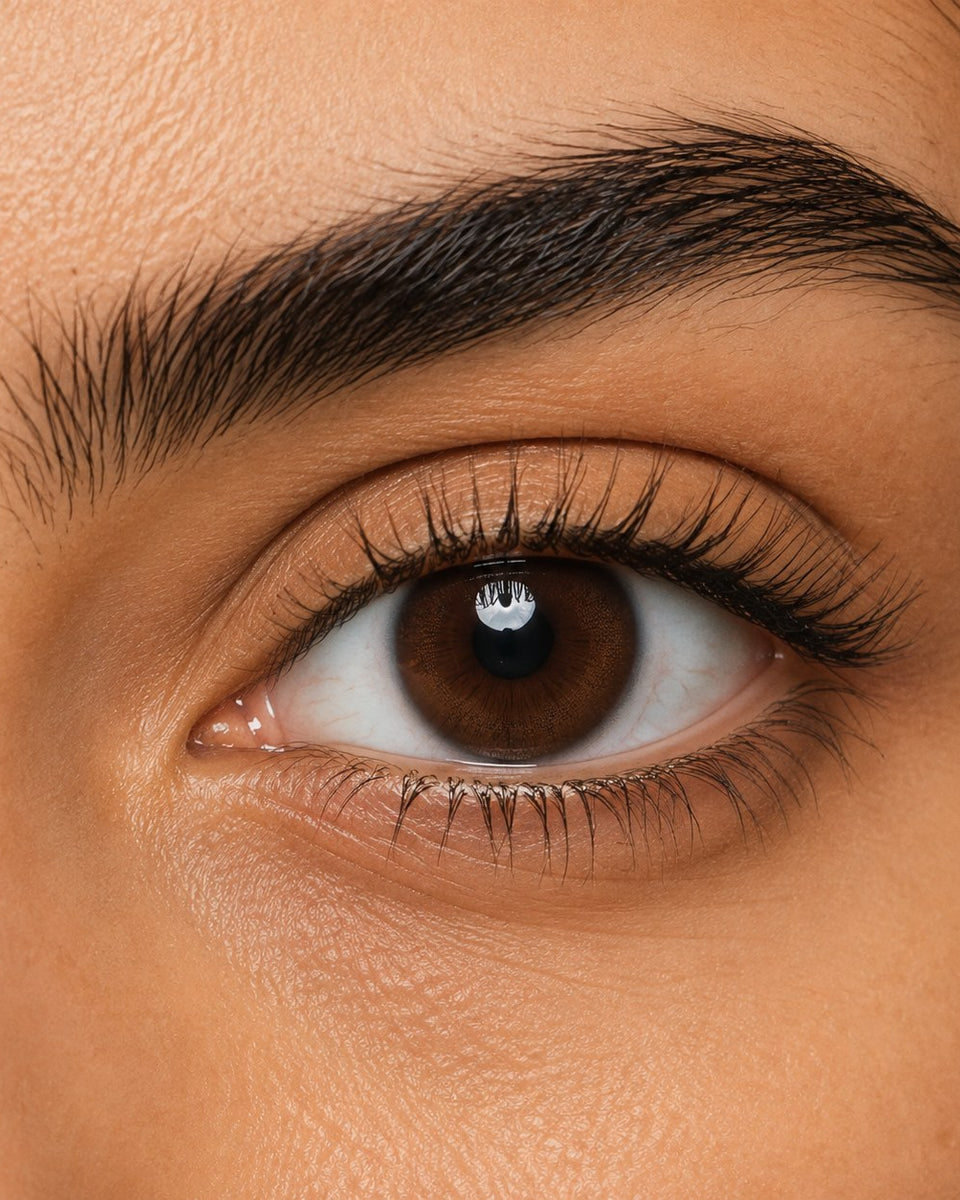 Fresh Lady Sepia coloured contact lens shown on a dark brown eye