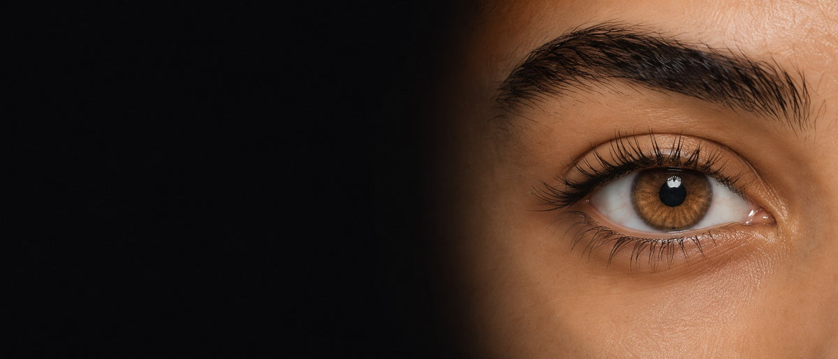 A brown eye wearing a coloured contact lens, photographed close up