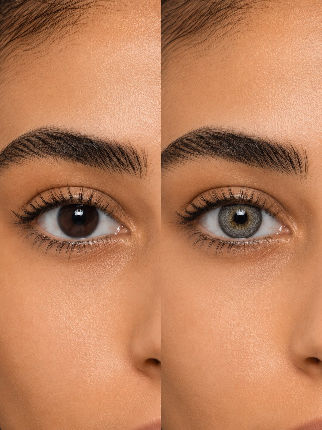 The same dark brown eye shown with and without a coloured contact lens
