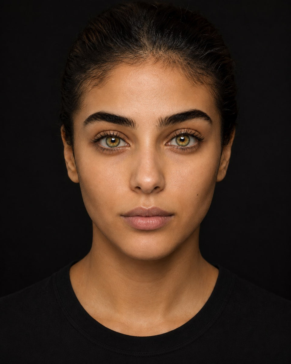 Urban Layer Cleopatra Green coloured contact lens worn by a model